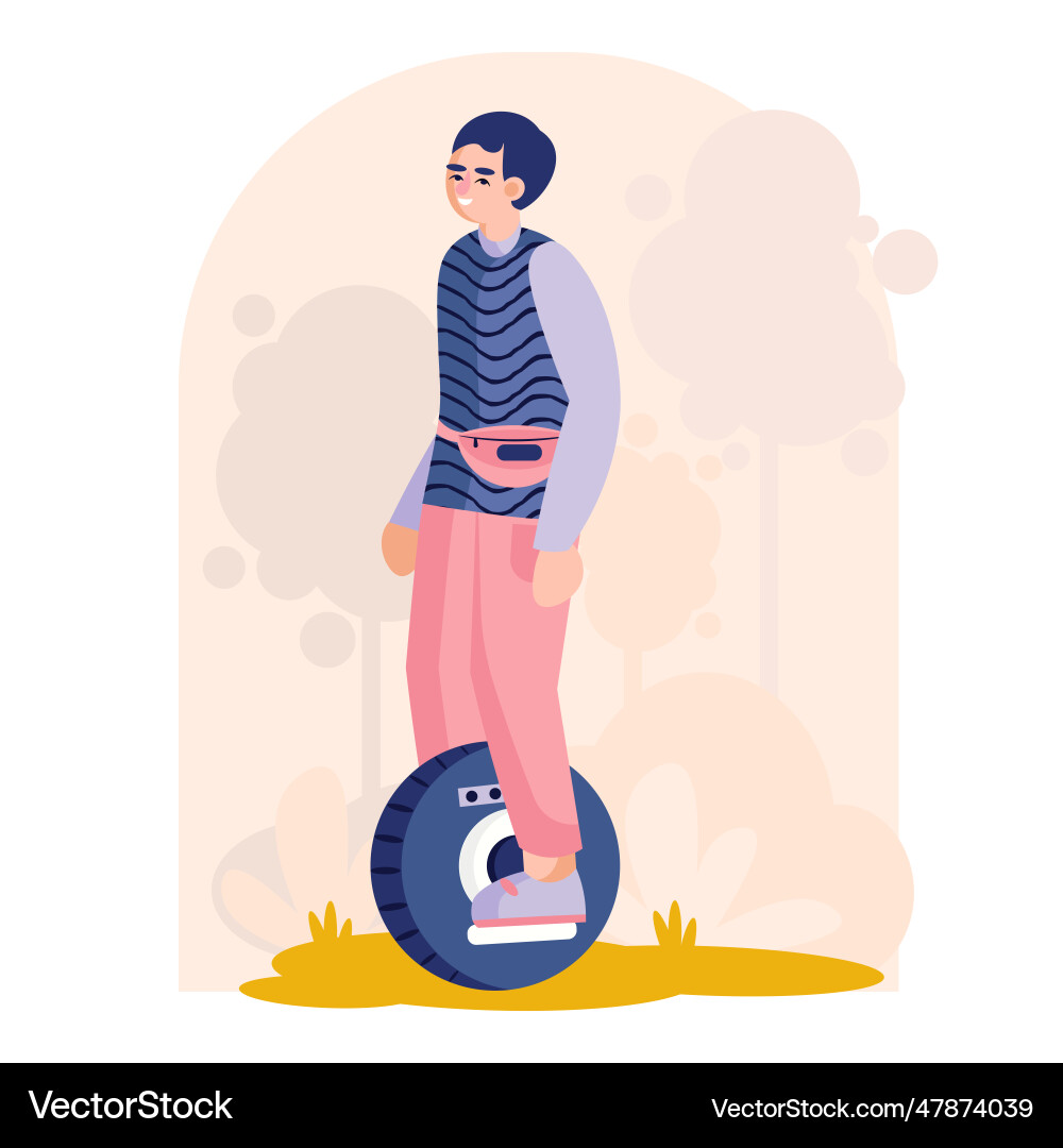 Man standing on mono cycle and spending time Man standing on mono cycle and spending time Vector Image