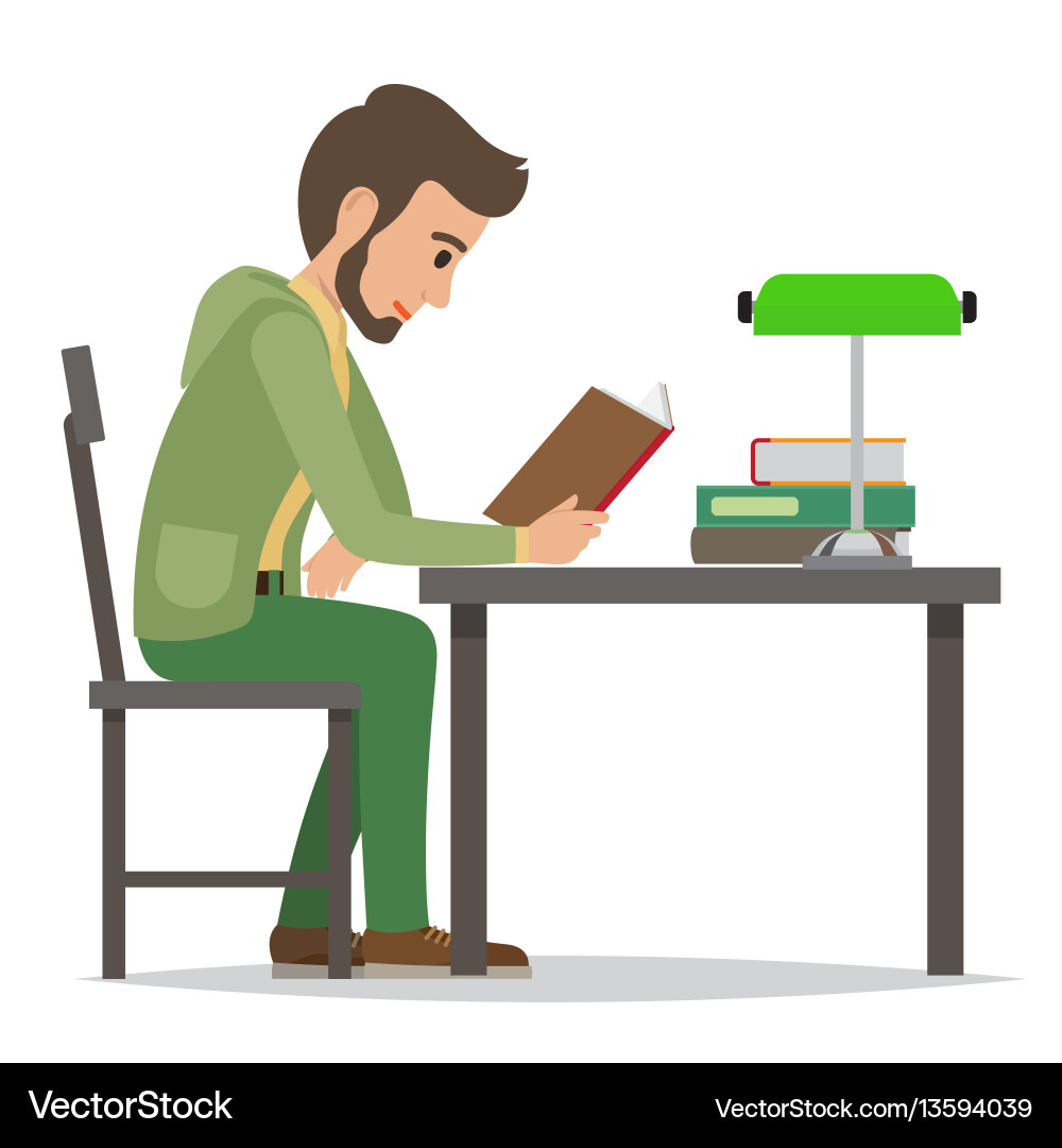 Student reading textbook in library flat Student reading textbook in library flat Vector Image