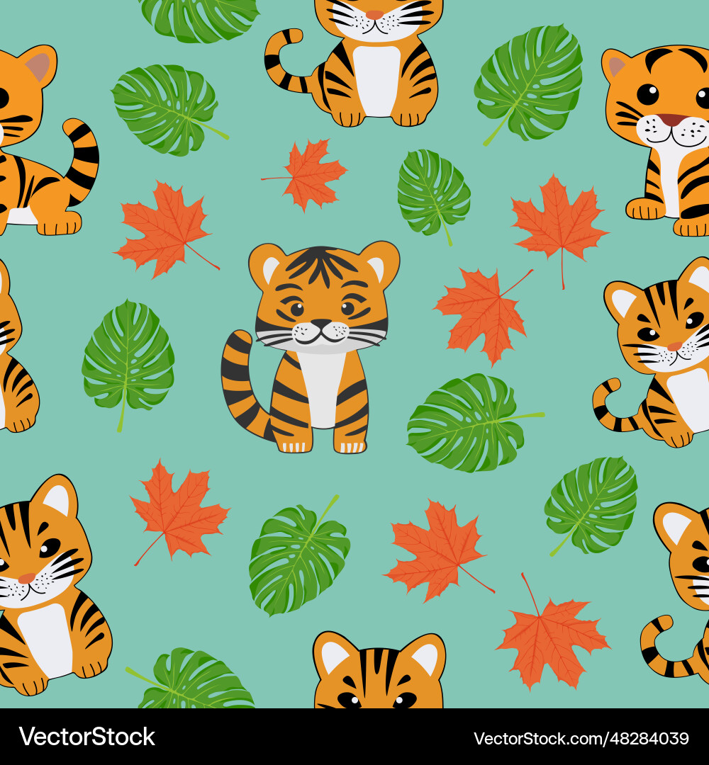 Tiger and leaf element pattern seamless Tiger and leaf element pattern seamless Vector Image