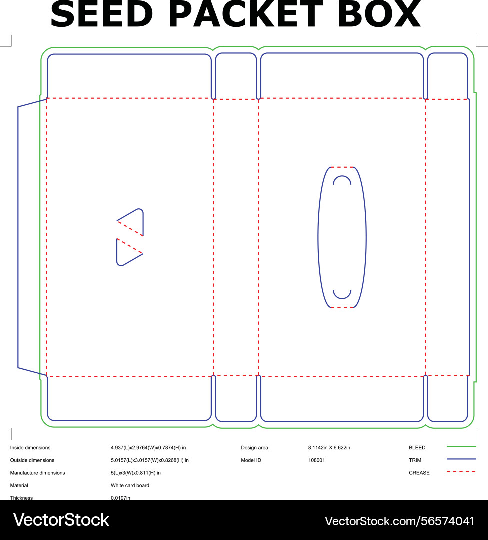 Seed packet box design template dimensions bleed Vector Image