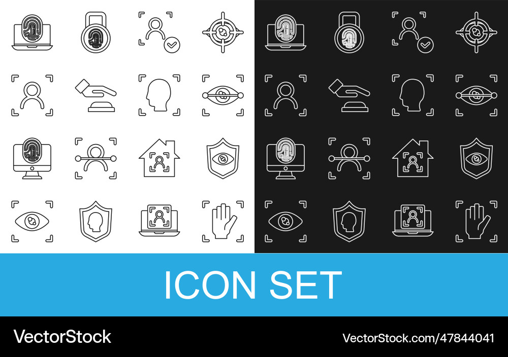 Set line palm print recognition shield eye scan Set line palm print recognition shield eye scan vector image
