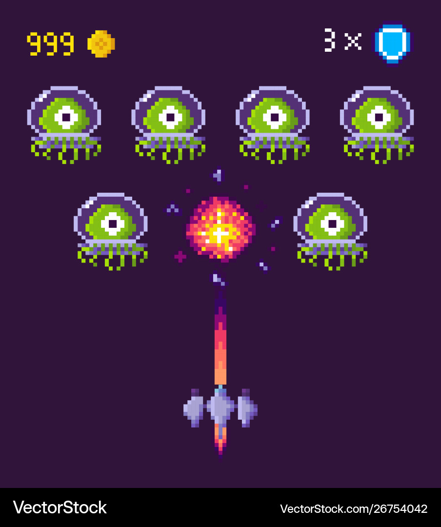 Pixel game space graphics 8 bit aliens spacecraft Vector Image
