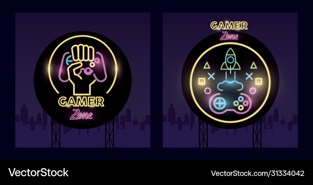 Retro video game neon with rocket and control Retro video game neon with rocket and control vector image