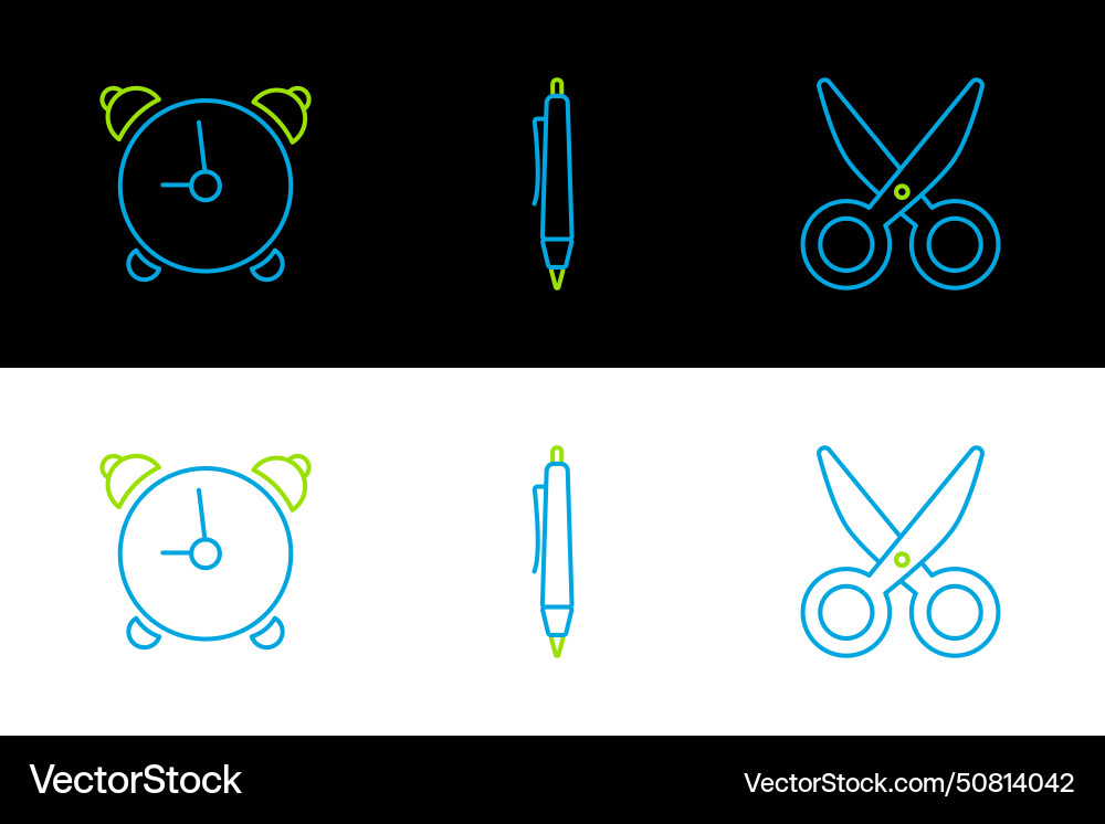 Set line scissors alarm clock and pen icon Vector Image