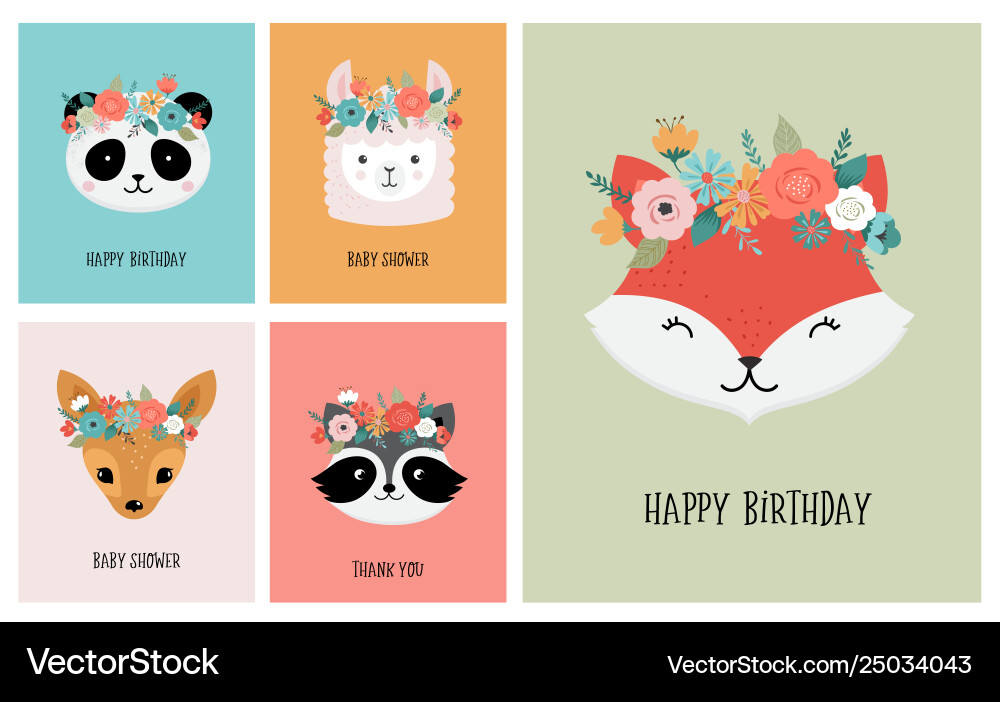 Cute animals heads with flower crown Cute animals heads with flower crown vector image