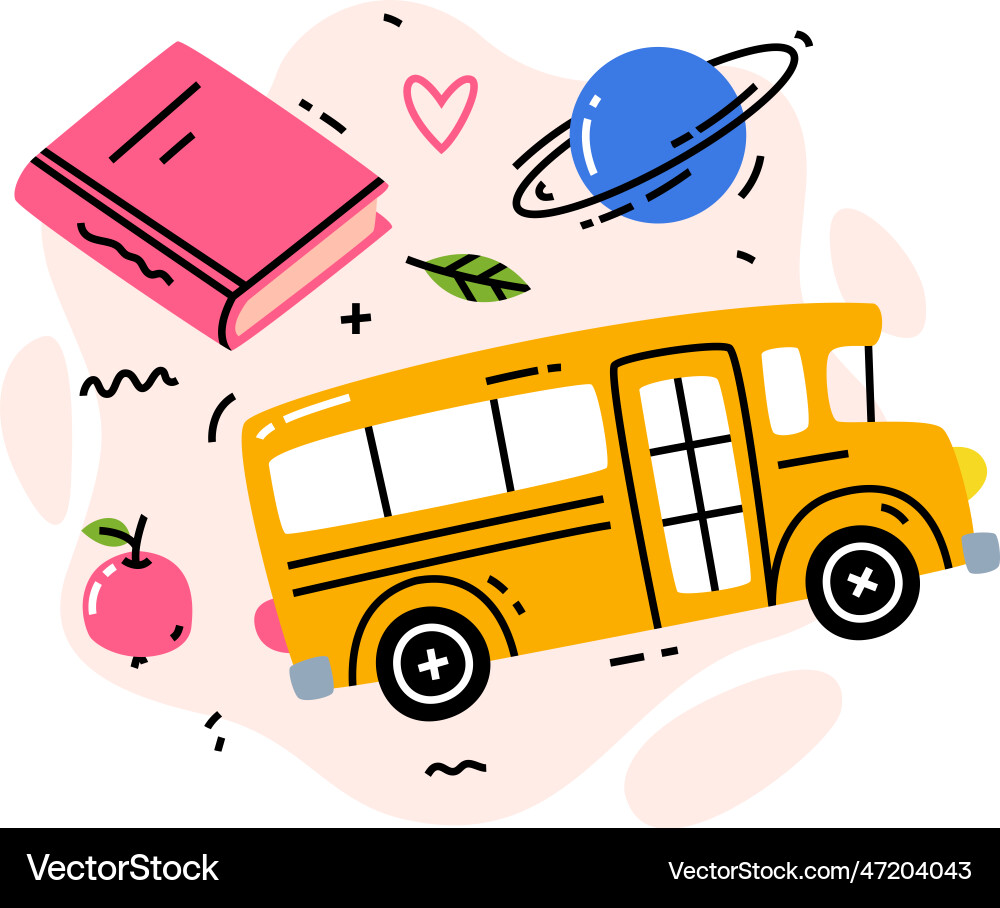 Hello school with bus apple book and planet Hello school with bus apple book and planet vector image