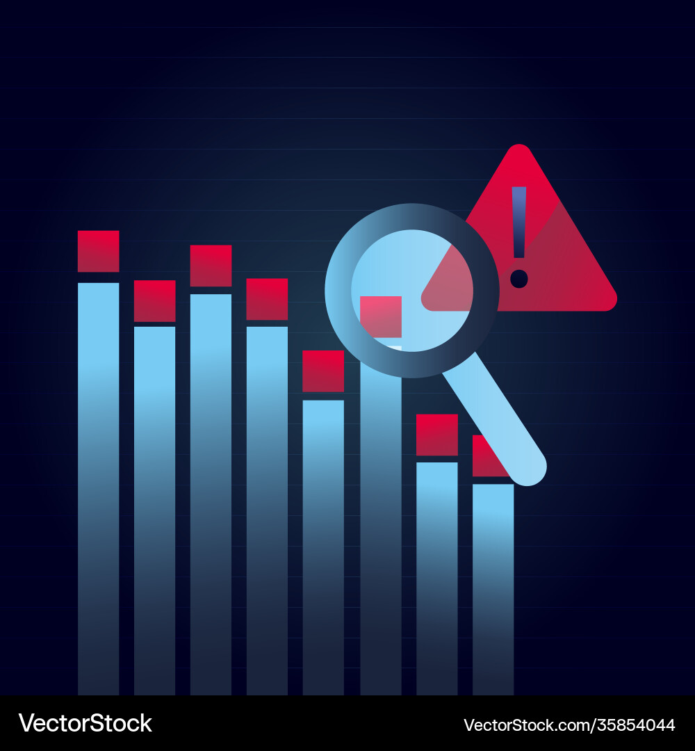Bars chart lupe and warning sign gradient style Vector Image