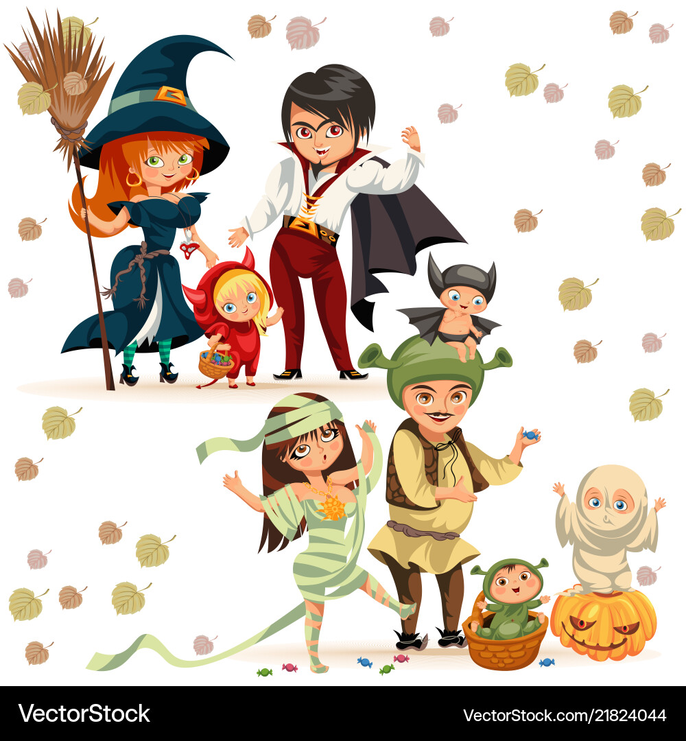 Happy family in halloween costumes poster Happy family in halloween costumes poster vector image
