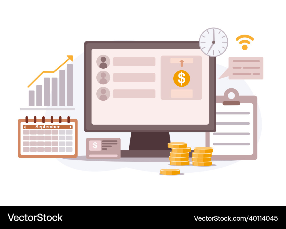 Computer with statistics infographics and set Vector Image