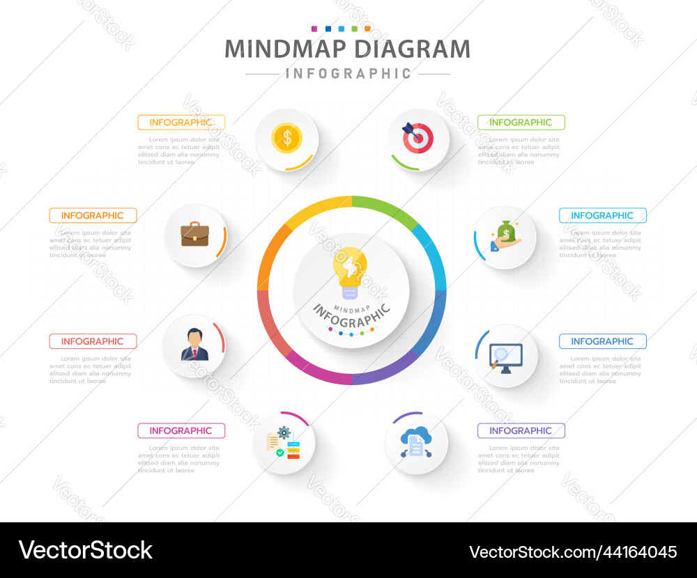 Infographic 8 step mindmap with circles and topics Infographic 8 step mindmap with circles and topics vector image