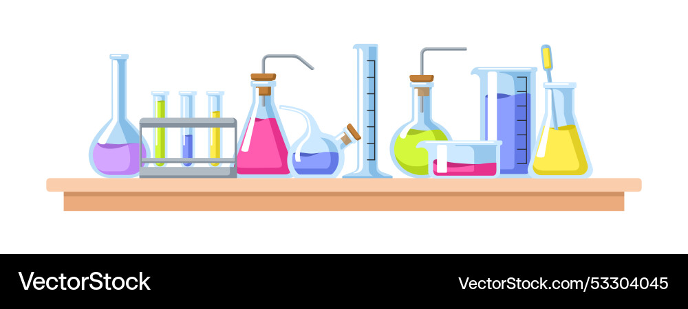 Lab glassware on table laboratory flasks test Lab glassware on table laboratory flasks test vector image