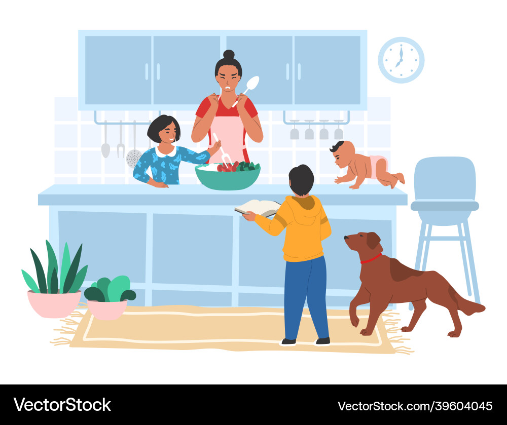 Stressed tired mom cooking in kitchen with her Stressed tired mom cooking in kitchen with her vector image