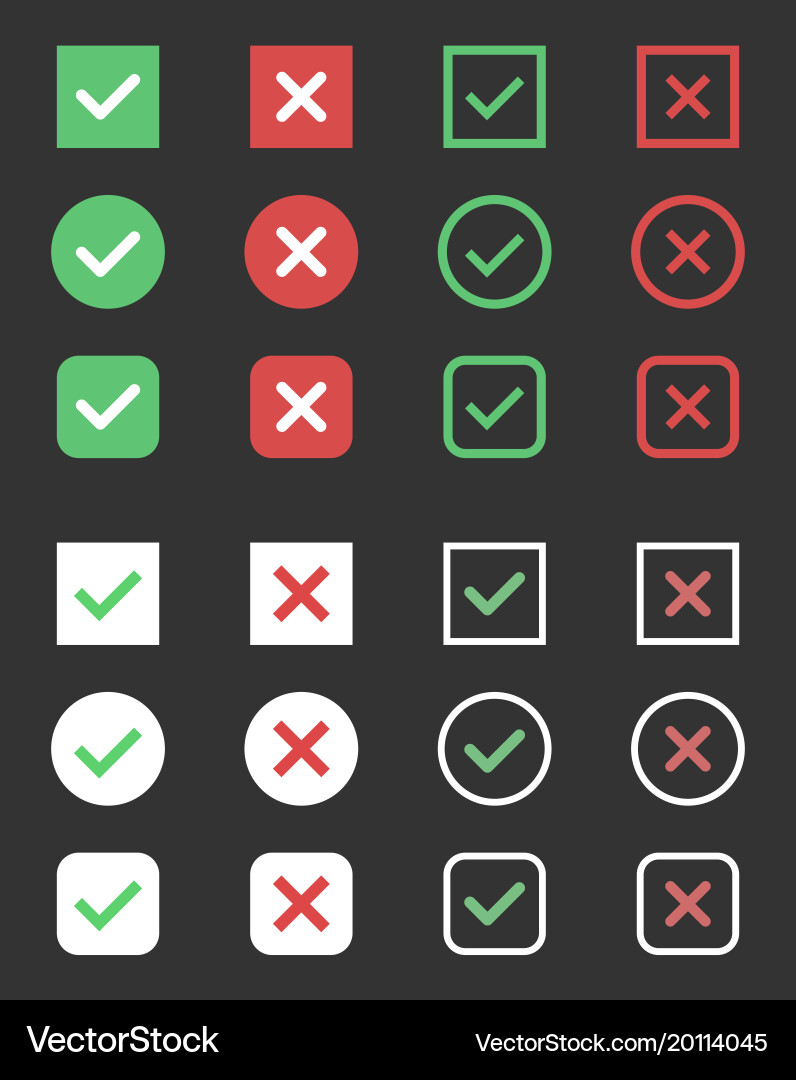 Tick and cross icons check box signs Royalty Free Vector