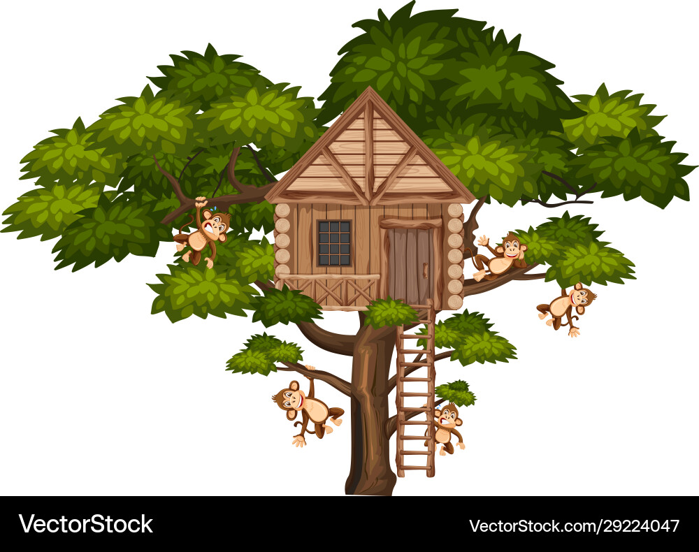 Big tree with treehouse and many monkeys vector image