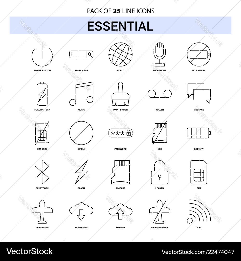 Essential line icon set - 25 dashed outline style Essential line icon set - 25 dashed outline style Vector Image