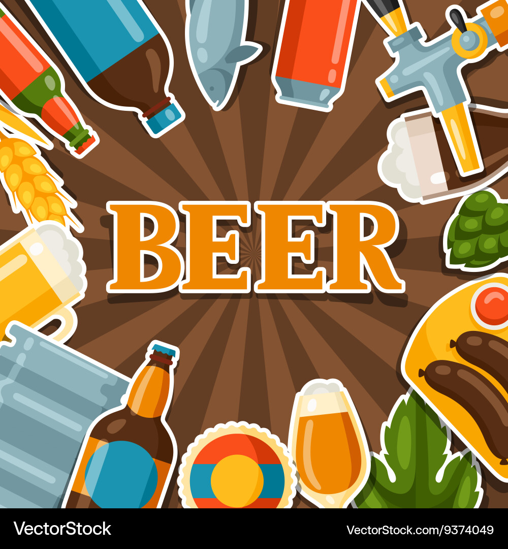 Background design with beer stickers and objects vector image