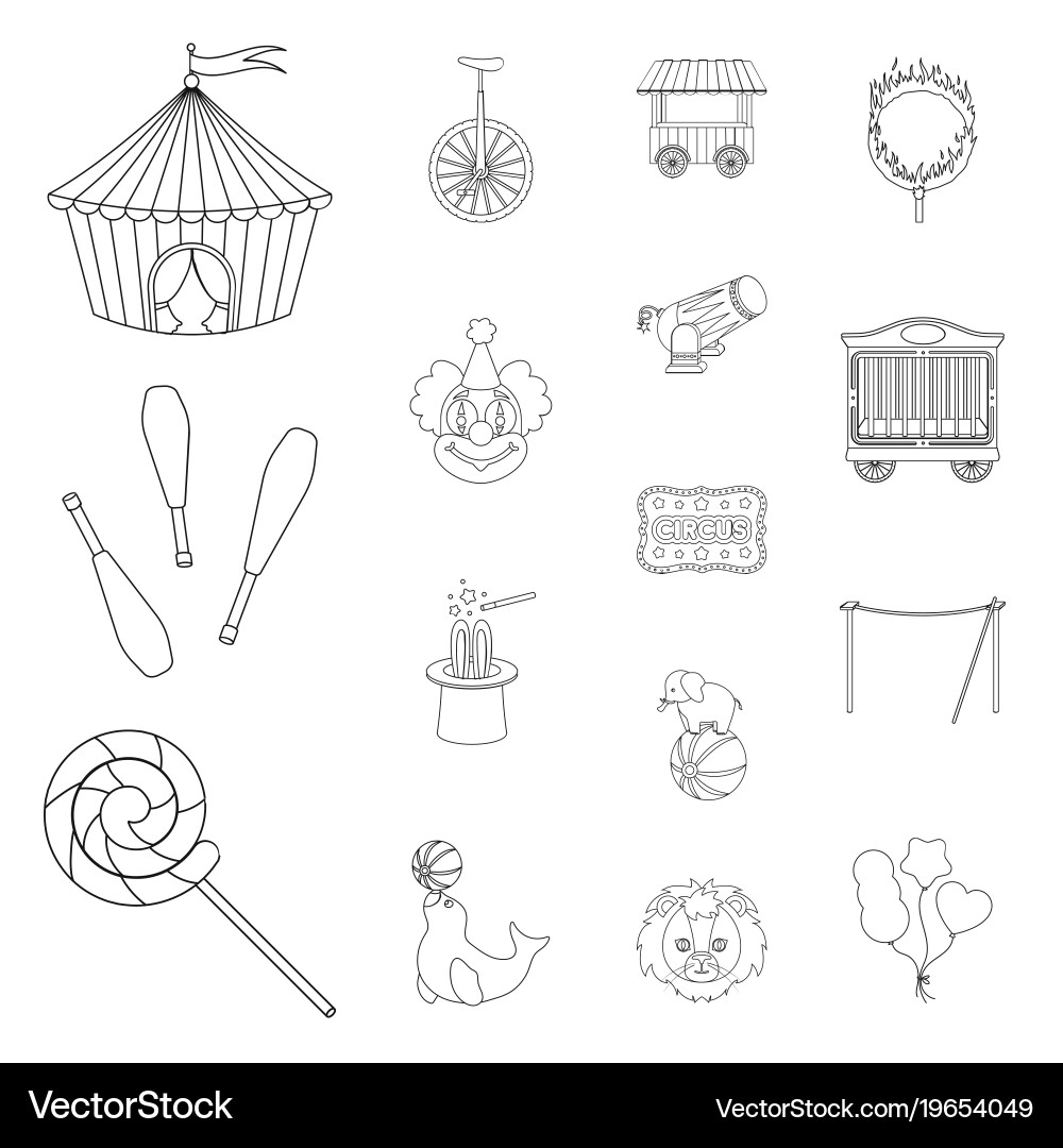 Circus and attributes outline icons in set vector image