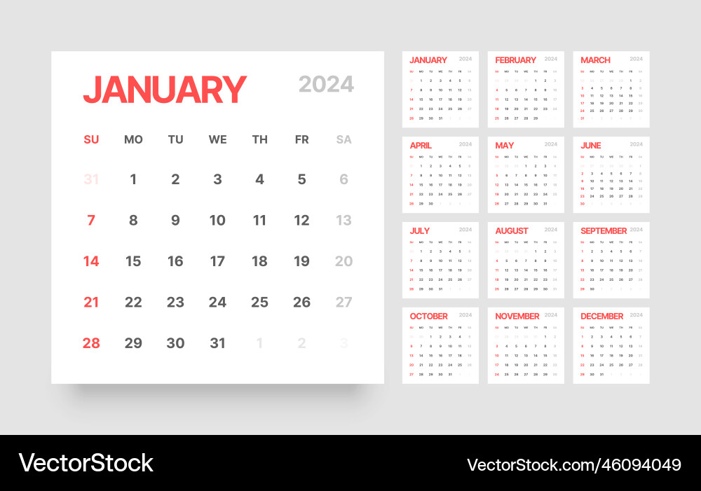 Classic calendar for 2024 year starts on sunday