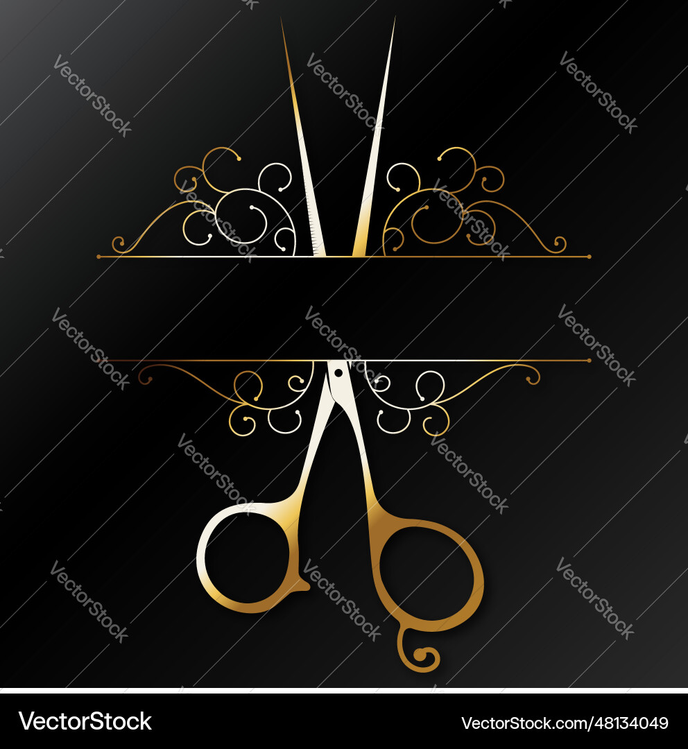 Golden scissors with frame and pattern vector image