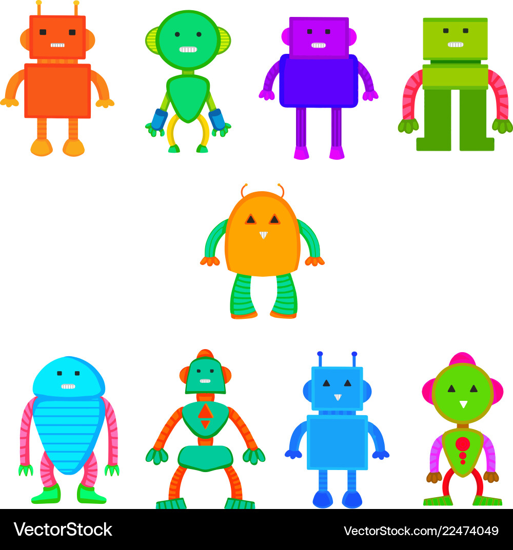 Set of colored robots in cartoon style Vector Image