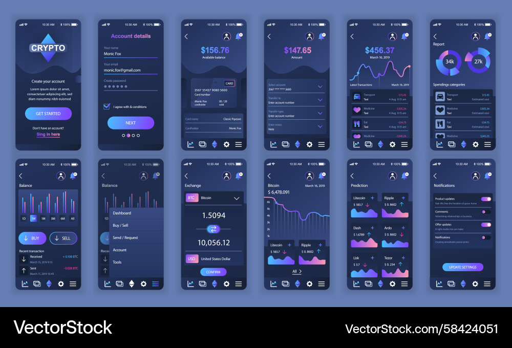 Cryptocurrency App Dashboard UI Kit Vector Image