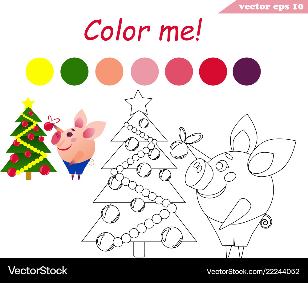 Coloring book with pig decorating tree