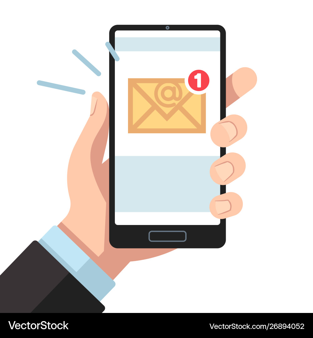 Email notification on smartphone in hand inbox Email notification on smartphone in hand inbox vector image