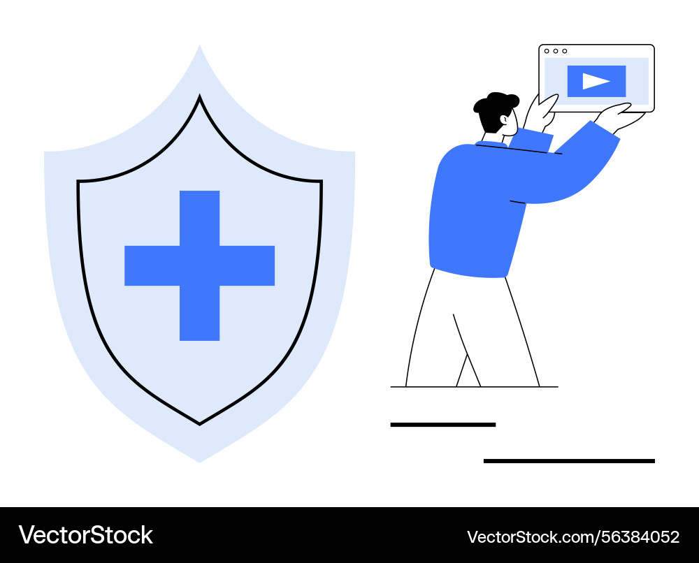 Man holding tablet with play button and shield Man holding tablet with play button and shield vector image