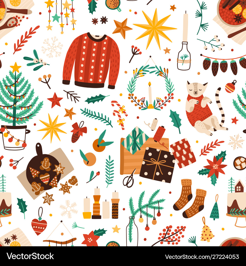 Christmas symbols flat seamless pattern Christmas symbols flat seamless pattern vector image