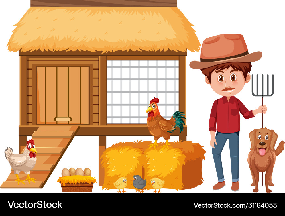 Farmer and chicken coop on white background Vector Image