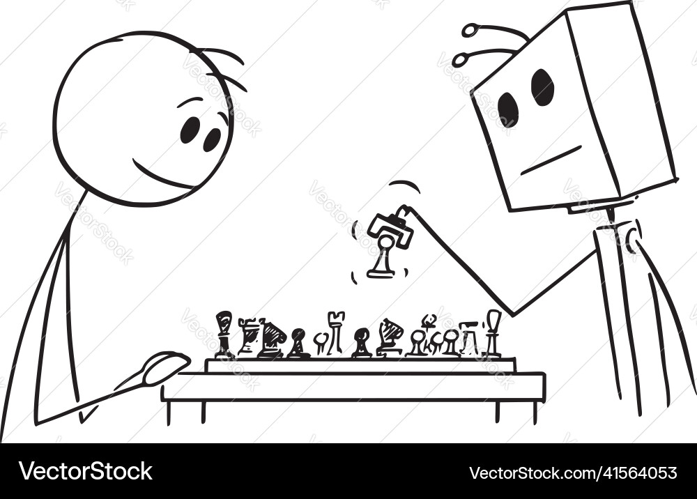Person playing chess with robot or artificial vector image