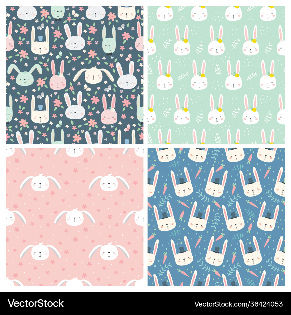 Set seamless patterns with rabbits colorful Set seamless patterns with rabbits colorful Vector Image