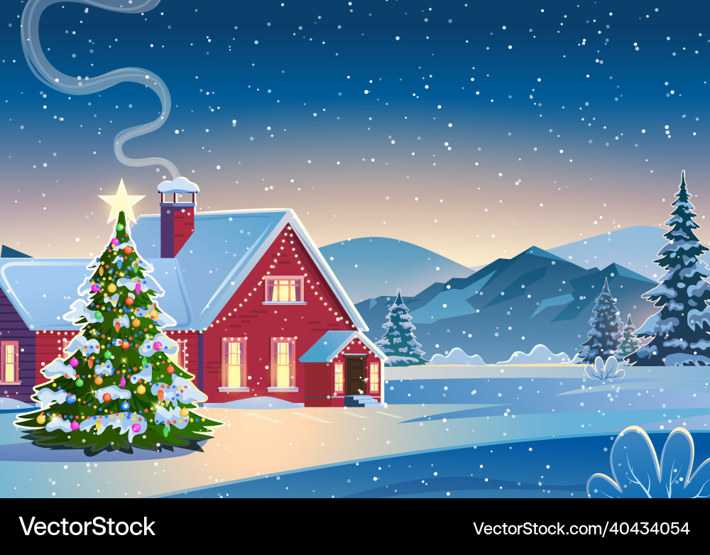 A house in snowy christmas landscape at night A house in snowy christmas landscape at night vector image