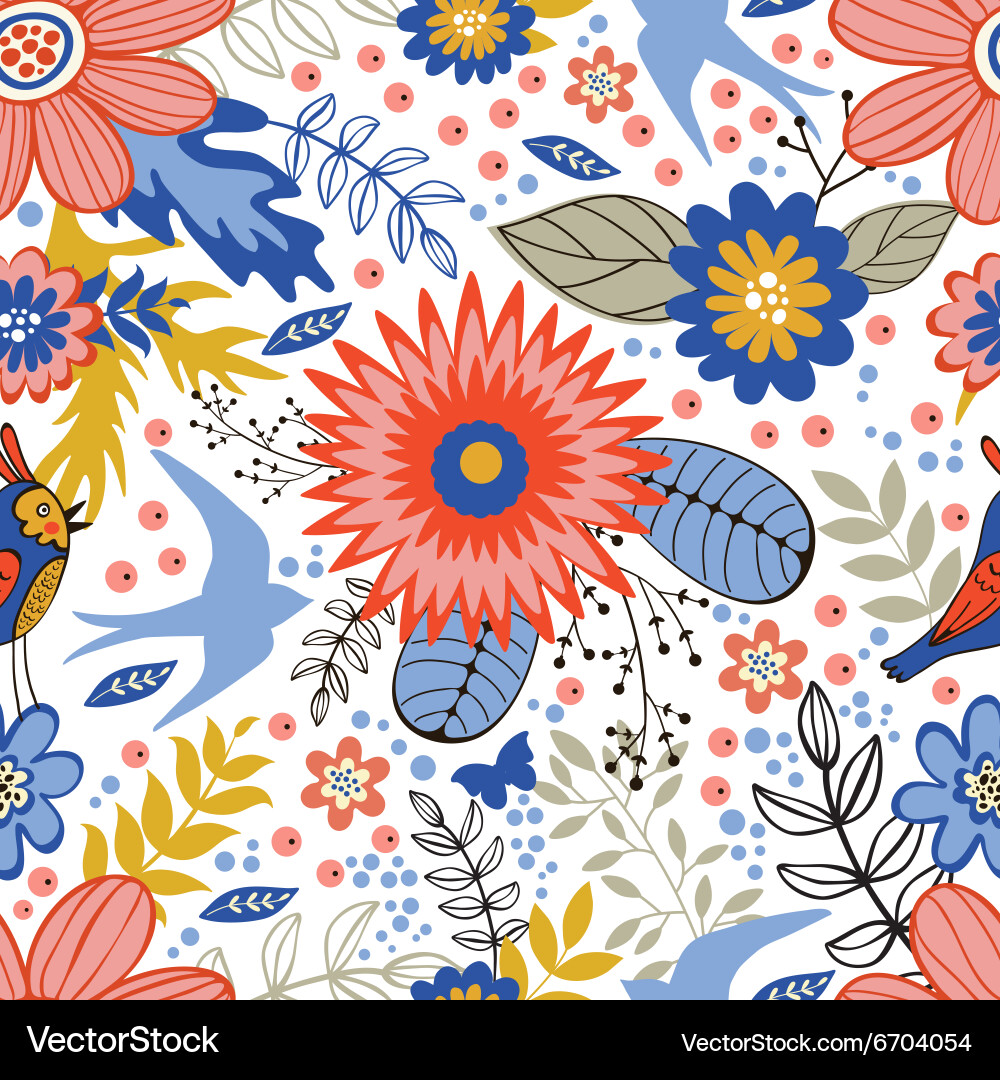 Colorful seamless pattern with birds and blooming Vector Image