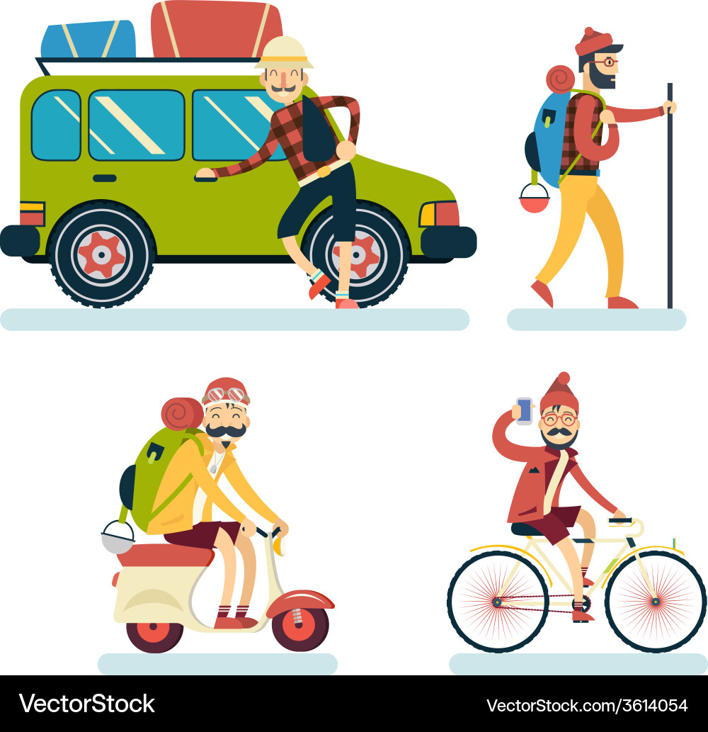 Happy smiling man geek hipster character with car Vector Image