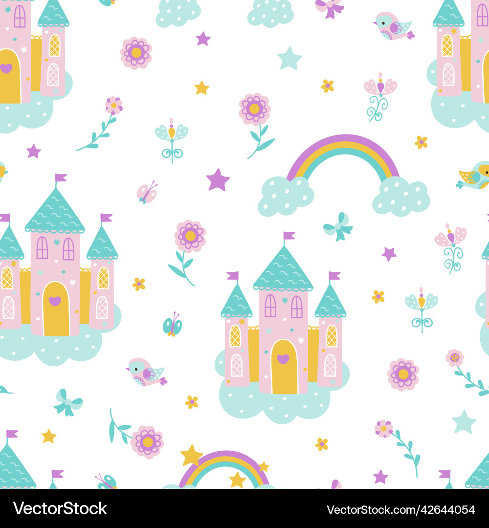 Magic fairytale castle seamless pattern cute girl Magic fairytale castle seamless pattern cute girl vector image