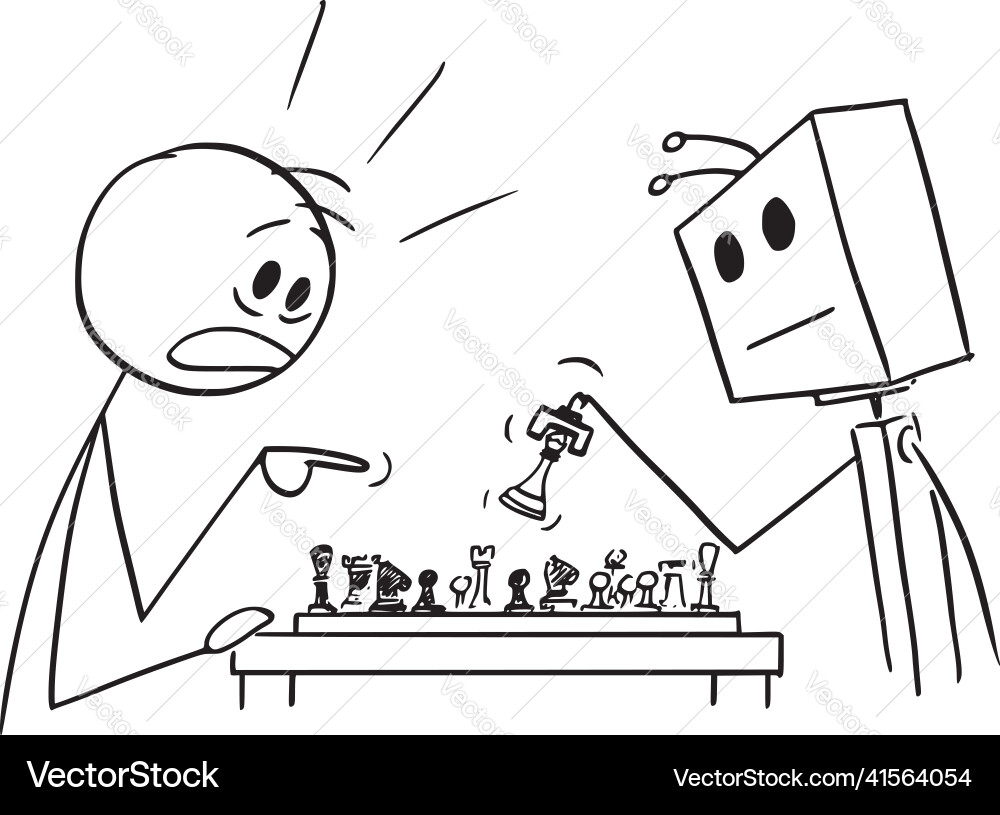 Person playing chess with robot or artificial Person playing chess with robot or artificial vector image