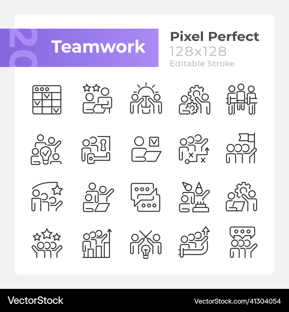 Teamwork pixel perfect linear icons set vector image