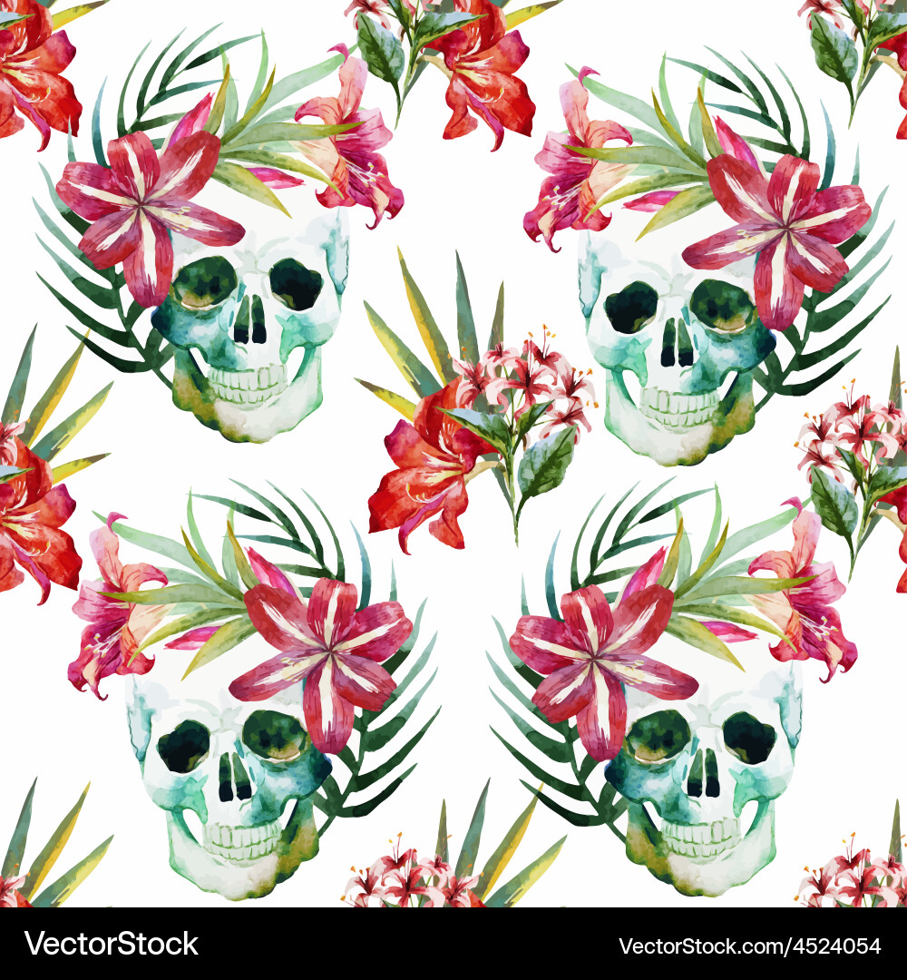 Watercolor Skull and Floral Pattern vector image