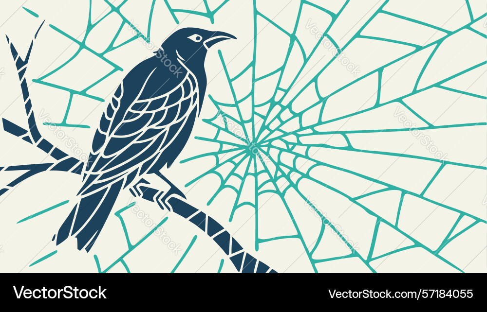 Raven on branch with spider web design vector image