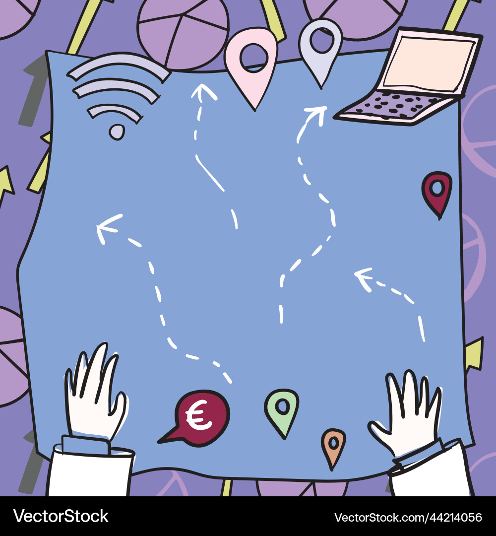 Hands on blueprint with routes and ways leading Hands on blueprint with routes and ways leading vector image