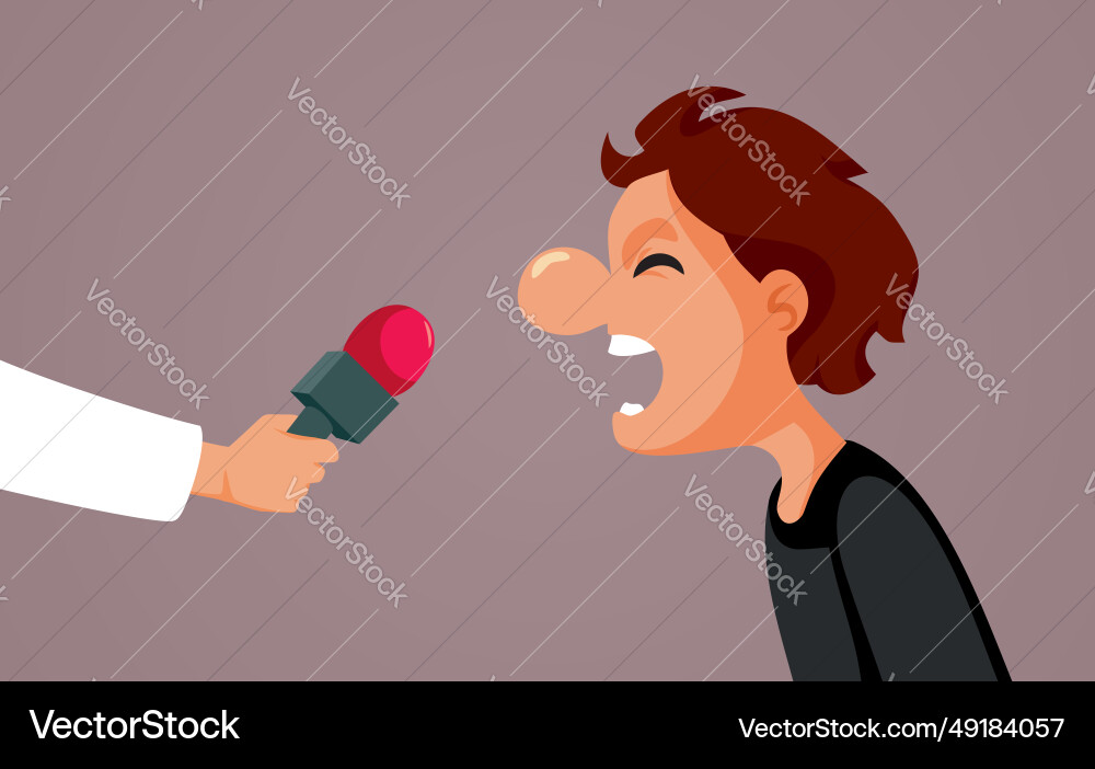 Man screaming in a microphone interview cartoon Man screaming in a microphone interview cartoon Vector Image