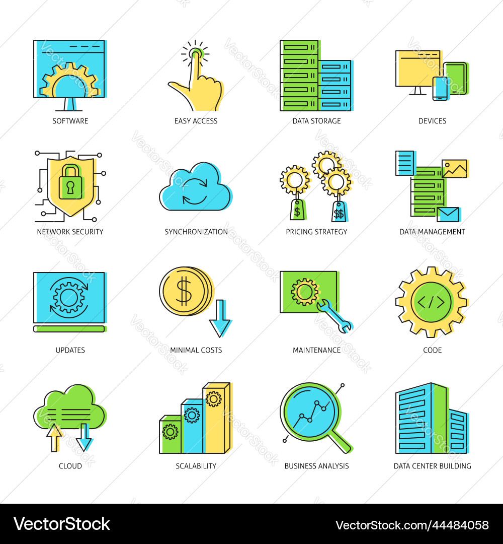 Computer software icon set in colored line style Computer software icon set in colored line style vector image