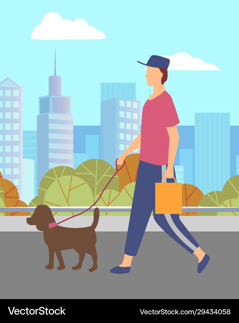 Man walking small dog on leash in city urban park Man walking small dog on leash in city urban park vector image