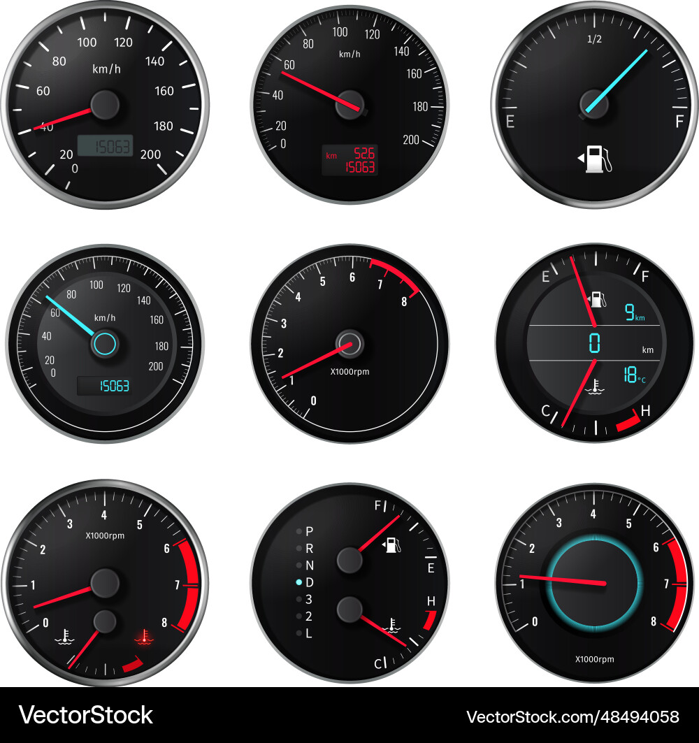 Speedometer realistic icon set Speedometer realistic icon set vector image