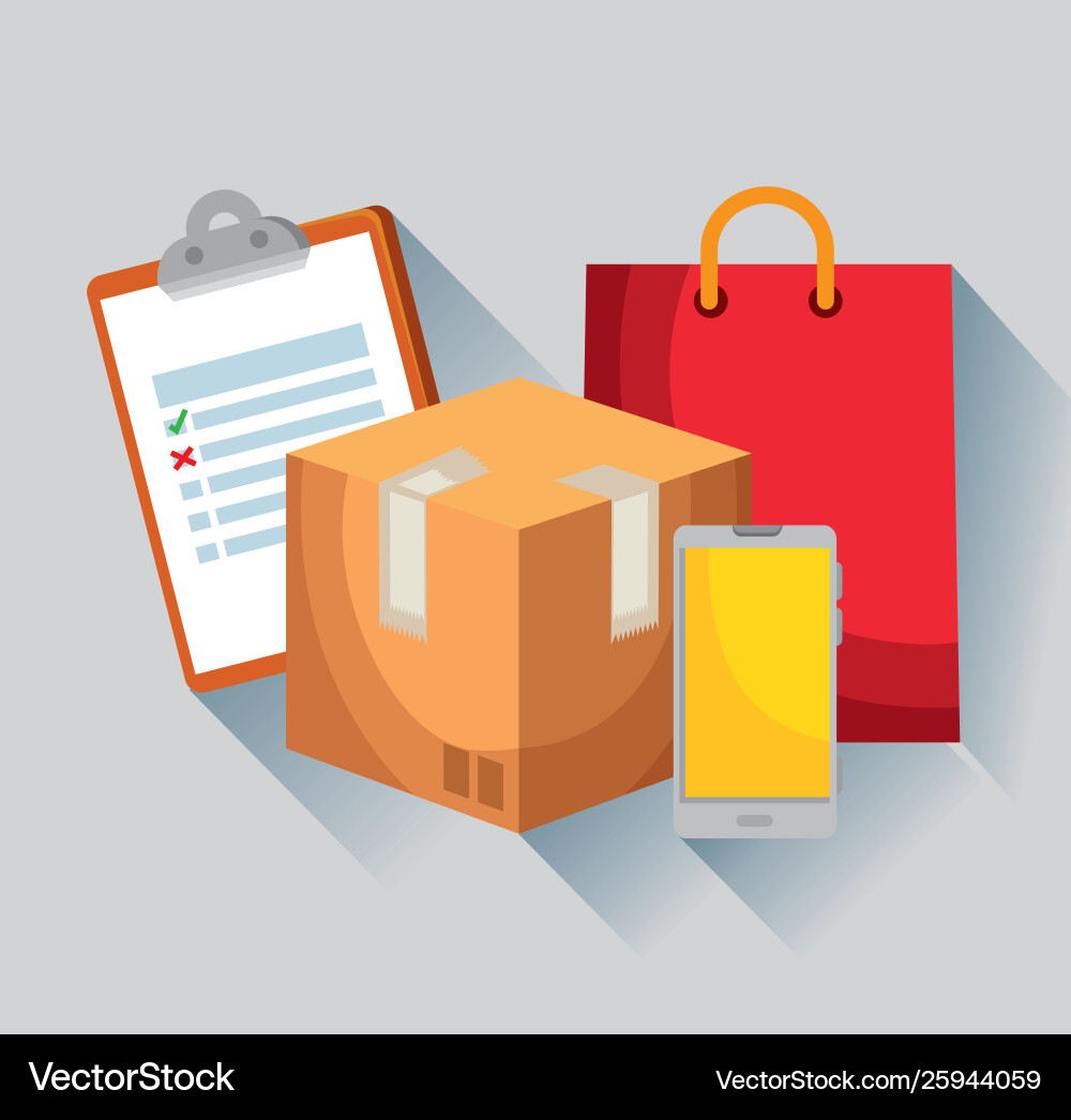 Check list with box package and smartphone Check list with box package and smartphone Vector Image