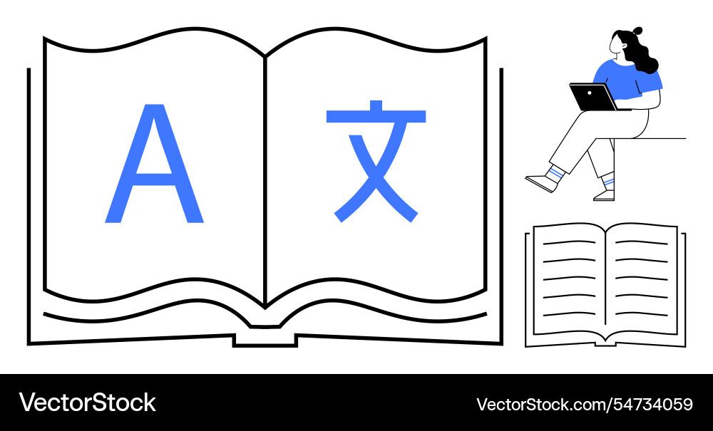 Open book with language symbols and person using Vector Image