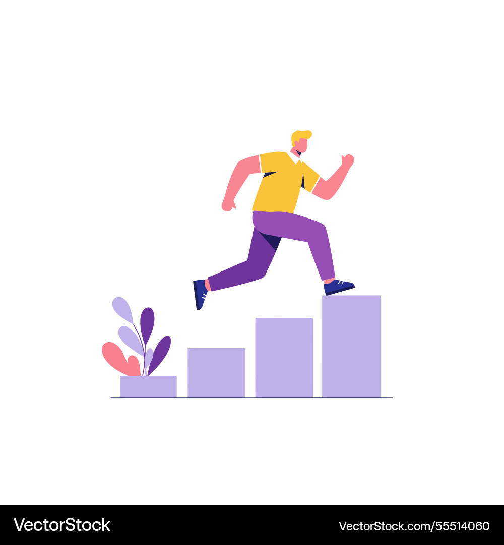 Man running up bar graph steps achieving success Man running up bar graph steps achieving success Vector Image