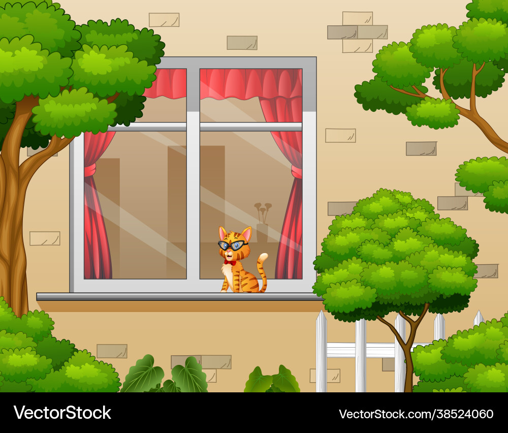 Outside view with a cat in window Outside view with a cat in window Vector Image