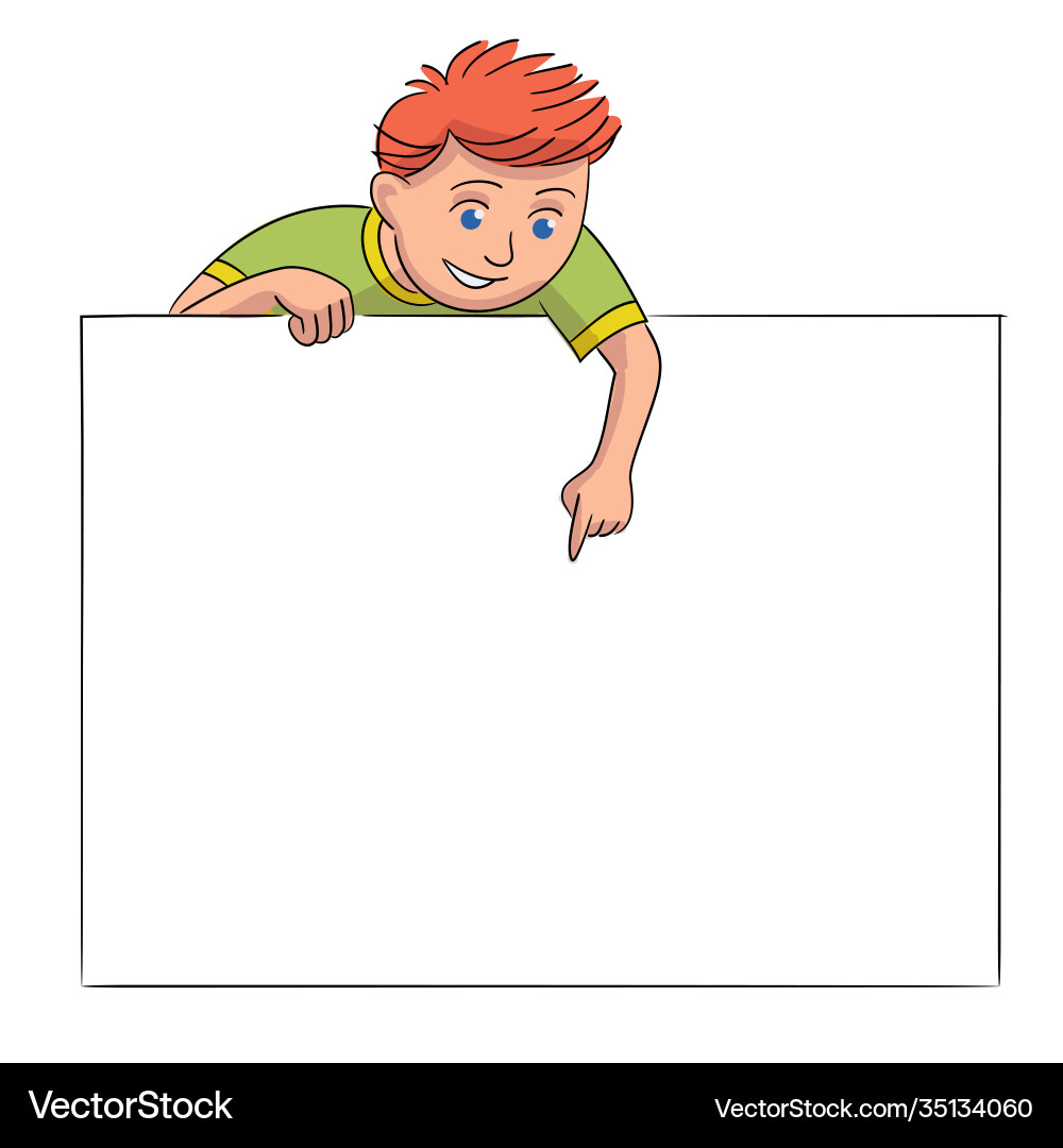 Smiling boy pointing hands on blank empty banner Smiling boy pointing hands on blank empty banner vector image